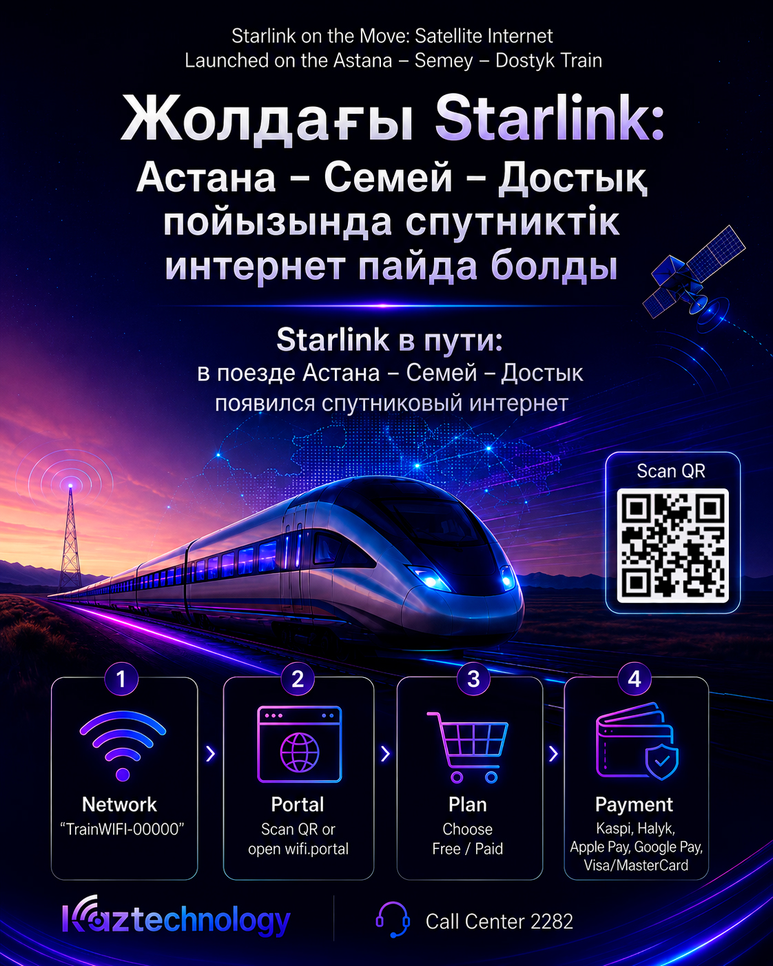 Starlink on the Move: Satellite Internet Launched on the Astana – Semey – Dostyk Train